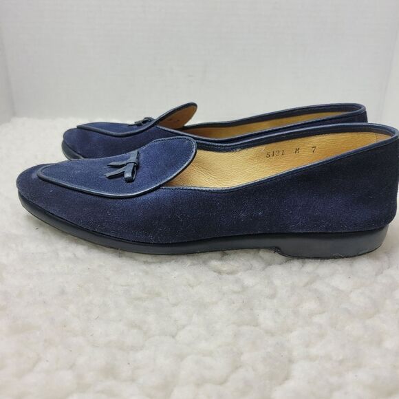 Belgian  Midinette Womsn's Slippers Shoes Size 7 Navy Blue Suede Loafers Bow Tie - Picture 3 of 12